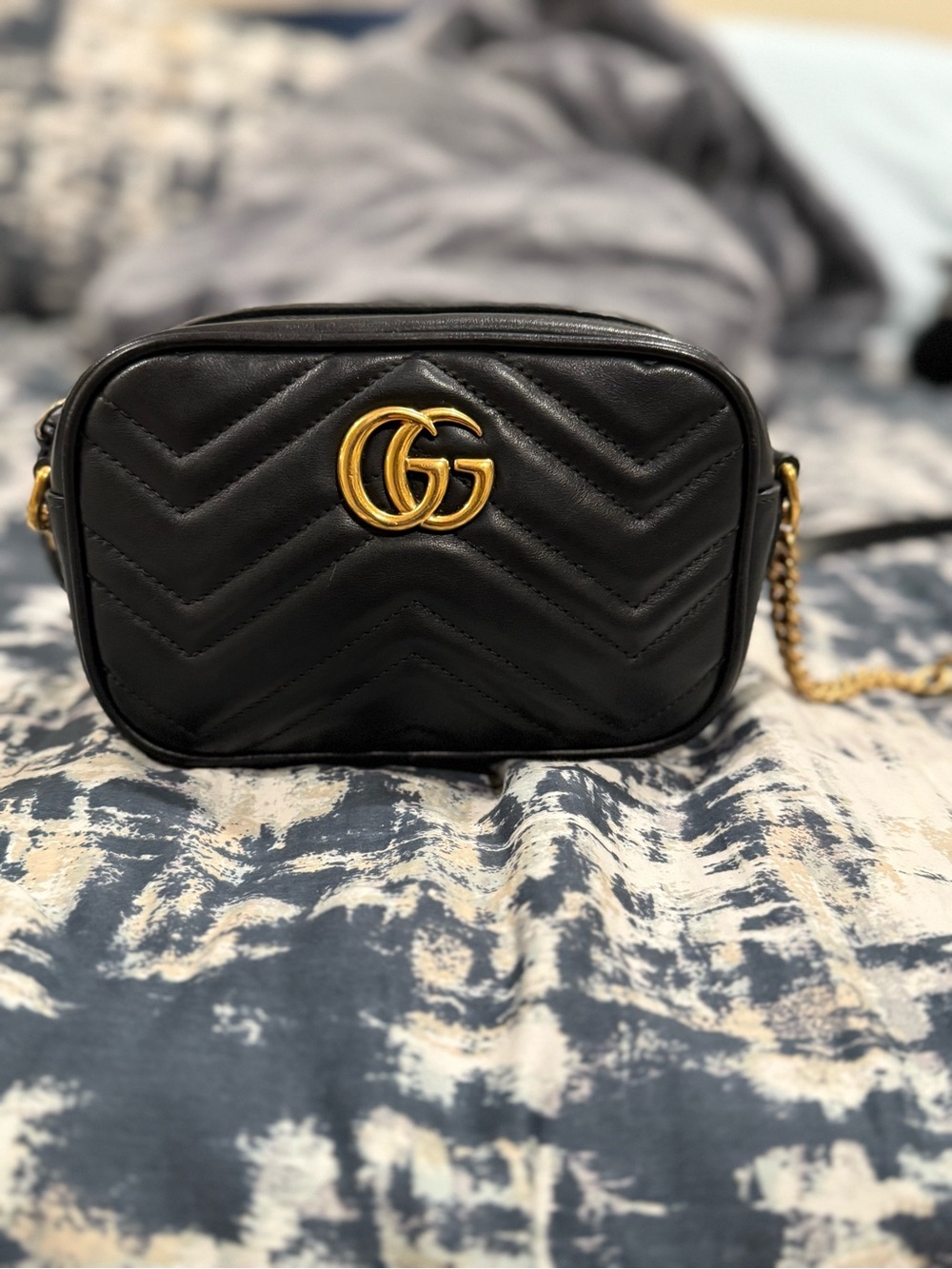 Gucci Black Quilted Leather Marmont Mini Camera Bag with Gold GG